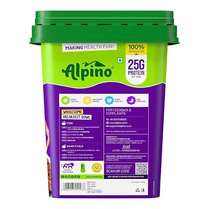 Alpino 22% High Protein Super Oats Chocolate 2.5kg Rolled Oats Peanut Butter Cocoa 75 Servings