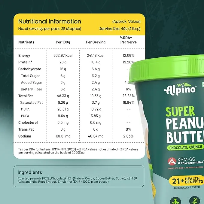 Alpino Super Peanut Butter KSM-66 Ashwagandha Chocolate Crunch 1kg 26g Protein