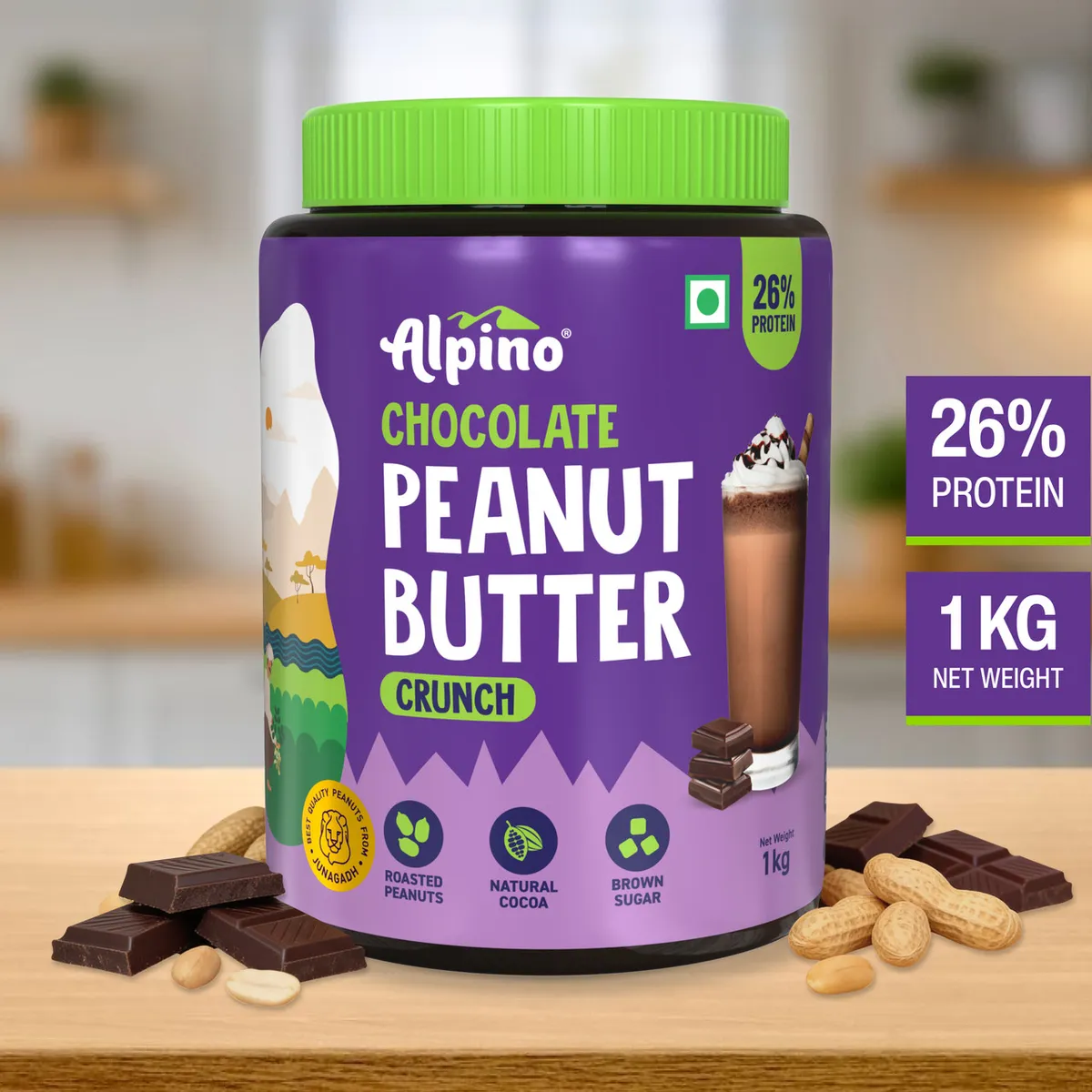 Alpino Chocolate Peanut Butter Crunch 1kg 26% Protein Roasted Peanuts Gluten Free Vegan