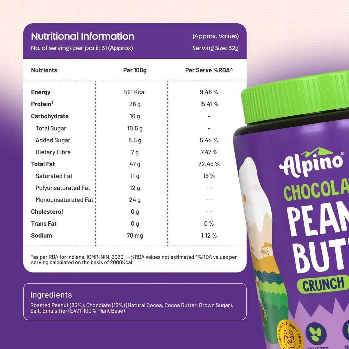 Alpino Chocolate Peanut Butter Crunch 1kg 26% Protein Roasted Peanuts Gluten Free Vegan