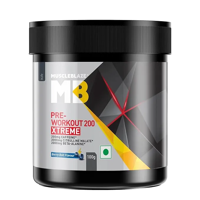 MuscleBlaze Pre Workout 200 Xtreme Berry Bolt 100g 0.22lb 15 Servings 200mg Caffeine