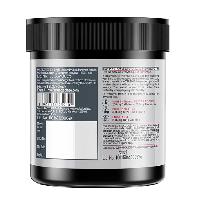 MuscleBlaze Pre Workout 200 Xtreme Berry Bolt 100g 0.22lb 15 Servings 200mg Caffeine