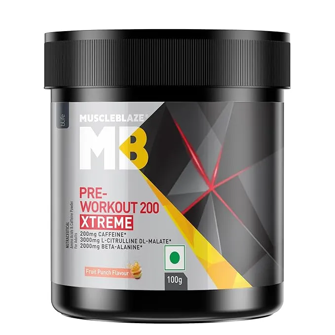 MuscleBlaze Pre Workout 200 Xtreme Fruit Punch 100g 0.22lb 15 Servings 200mg Caffeine