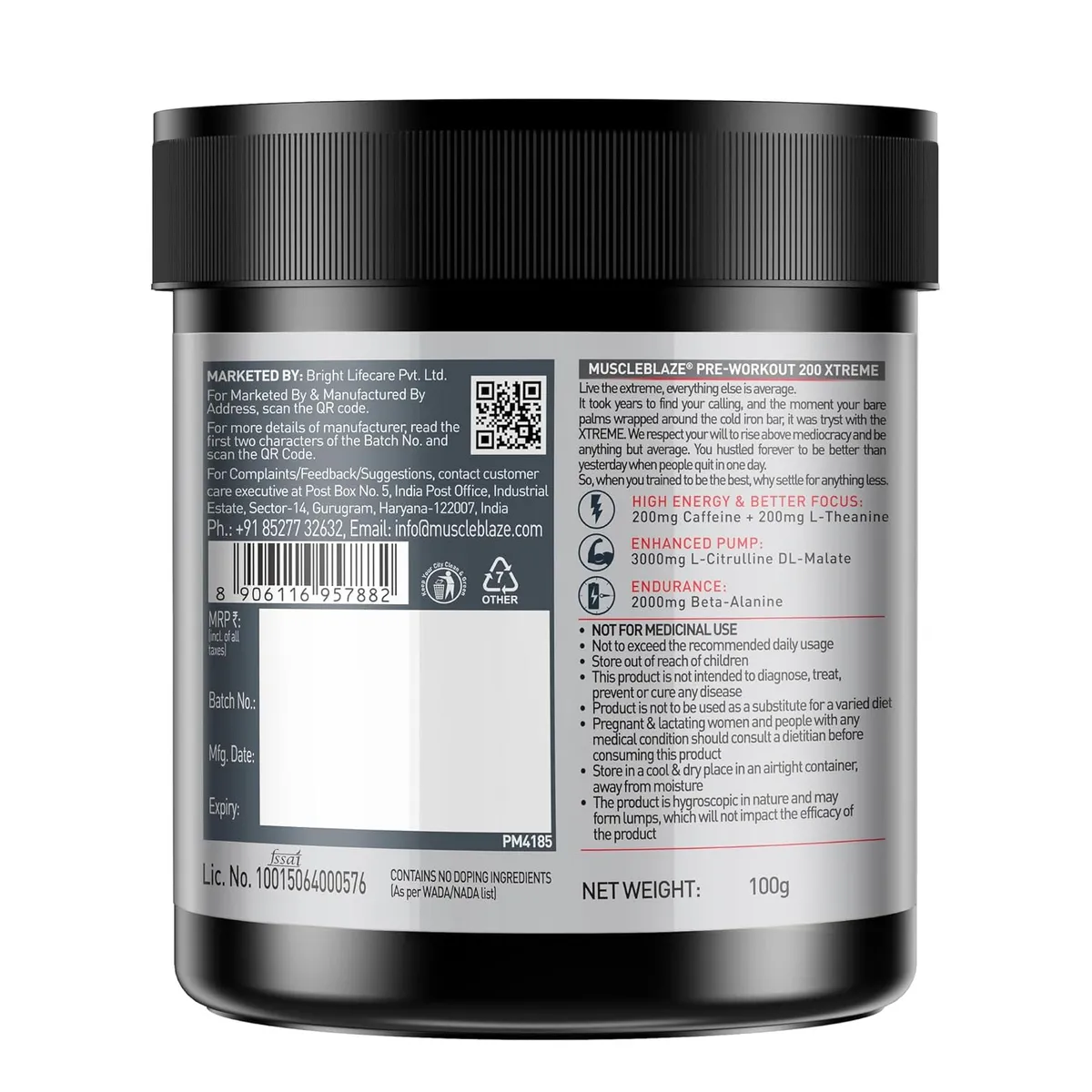MuscleBlaze Pre Workout 200 Xtreme Fruit Punch 100g 0.22lb 15 Servings 200mg Caffeine