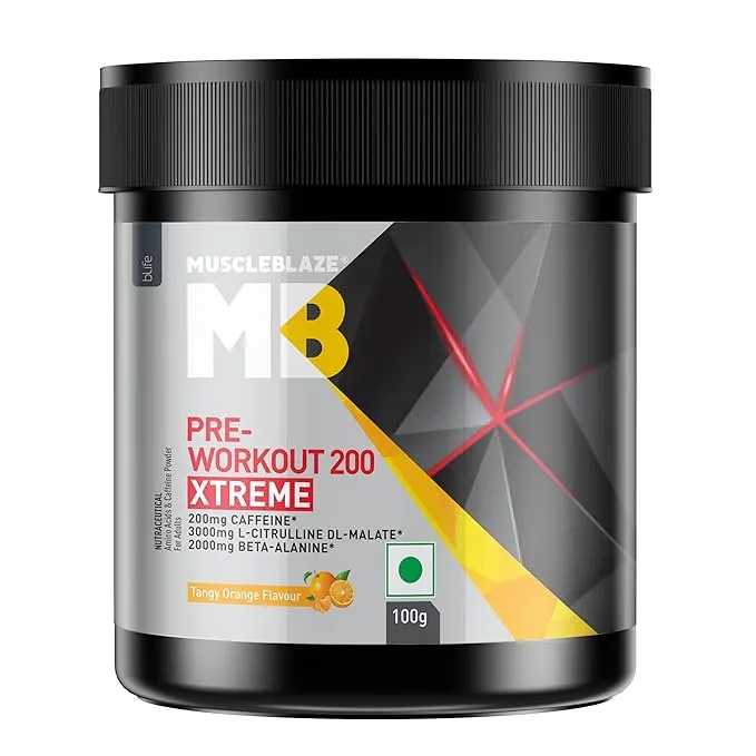 MuscleBlaze Pre Workout 200 Xtreme Tango Orange 100g 0.22lb 15 Servings 200mg Caffeine