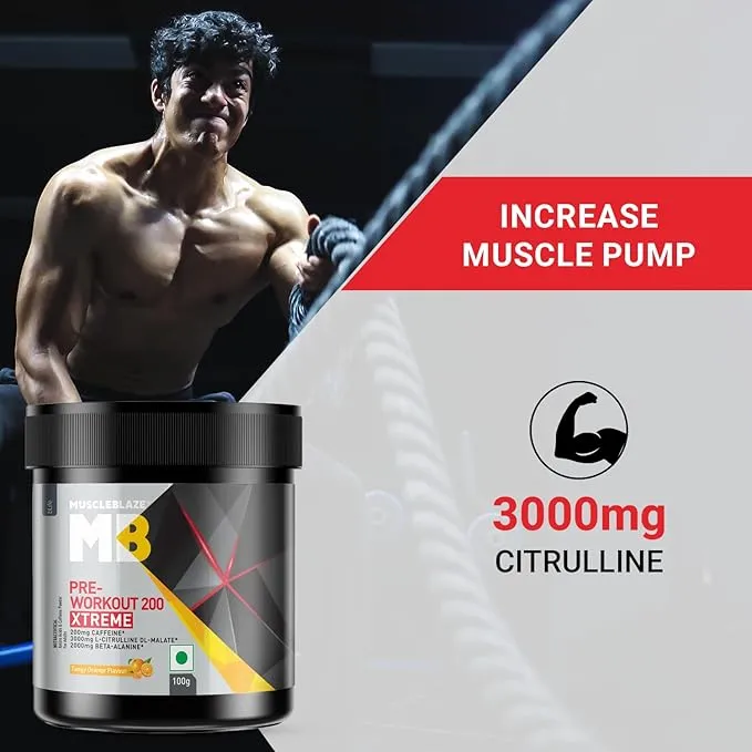 MuscleBlaze Pre Workout 200 Xtreme Tango Orange 100g 0.22lb 15 Servings 200mg Caffeine
