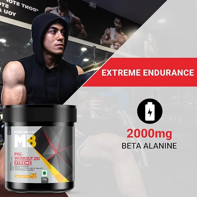 MuscleBlaze Pre Workout 200 Xtreme Tango Orange 100g 0.22lb 15 Servings 200mg Caffeine
