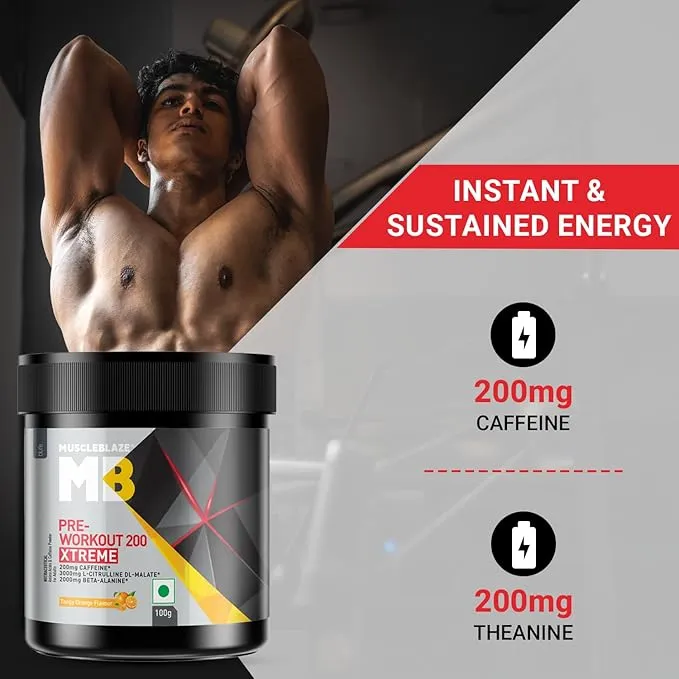 MuscleBlaze Pre Workout 200 Xtreme Tango Orange 100g 0.22lb 15 Servings 200mg Caffeine