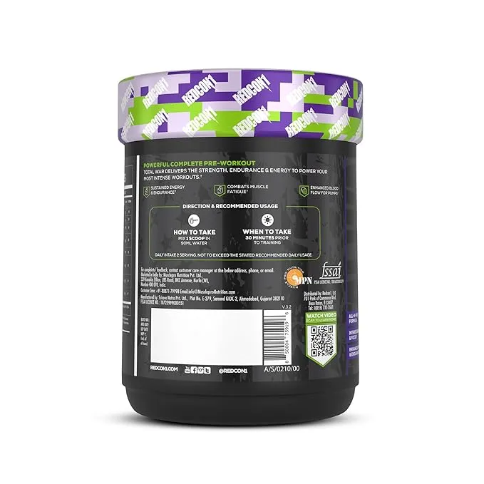 Redcon1 Total War Pre-Workout Sour Gummy Bear 420g 320mg Caffeine 6g Citrulline 30 Servings