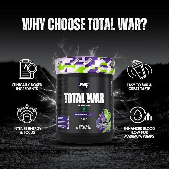 Redcon1 Total War Pre-Workout Sour Gummy Bear 420g 320mg Caffeine 6g Citrulline 30 Servings