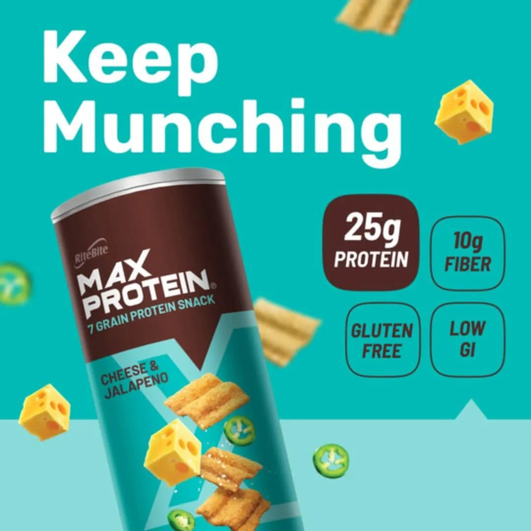 RiteBite Max Protein Namkeen Chips Cheese & Jalapeno 128 g 20g Protein 7 Grain Gluten Free Pack of 2