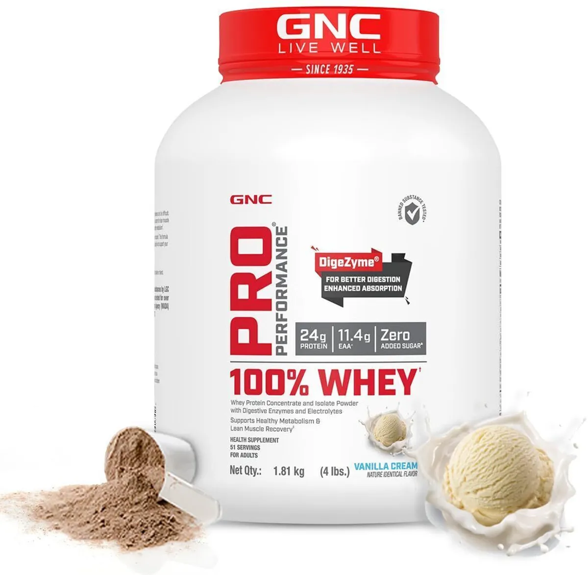 GNC Pro Performance 100% Whey Protein Vanilla Cream 4 lbs 60 Servings 24g Protein