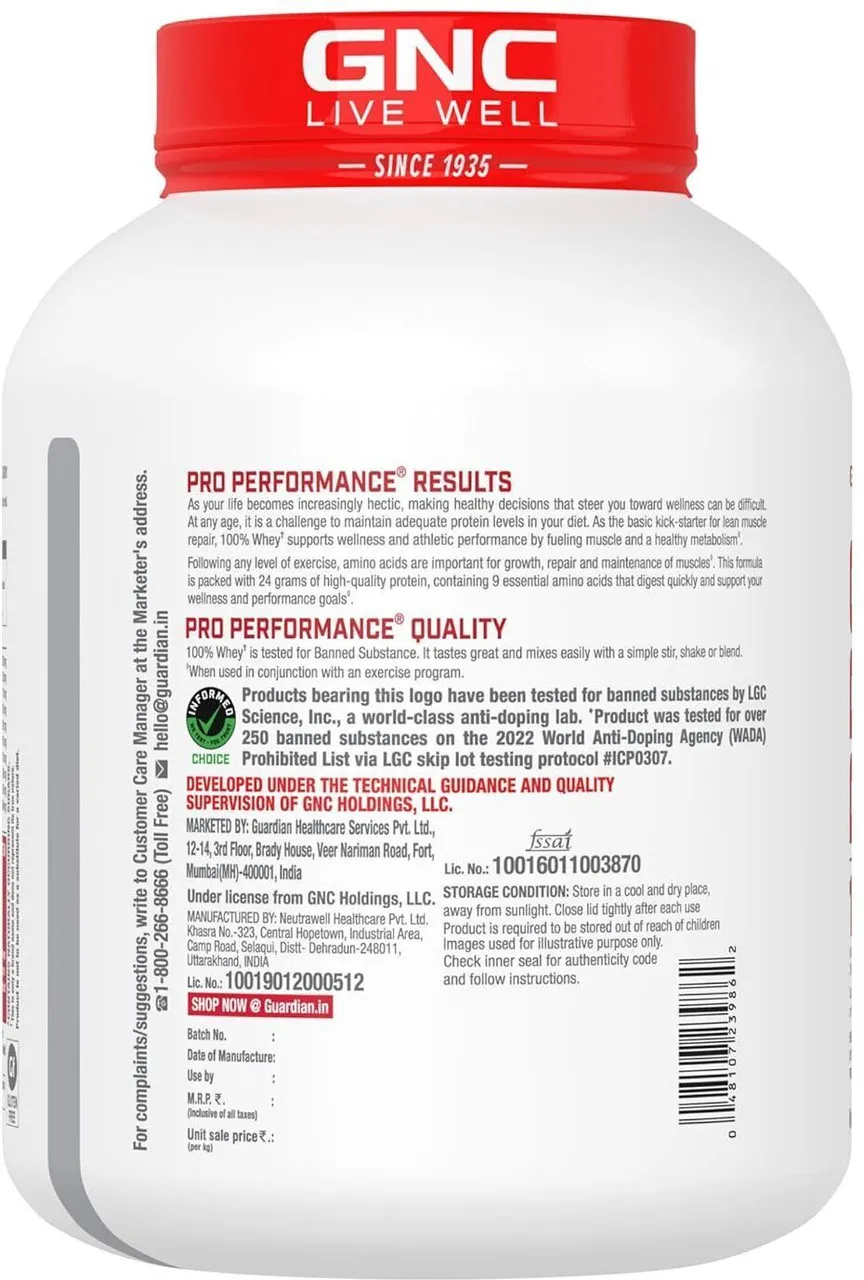 GNC Pro Performance 100% Whey Protein Vanilla Cream 4 lbs 60 Servings 24g Protein