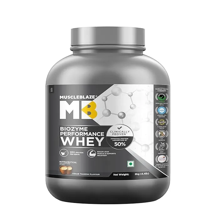 MuscleBlaze Biozyme Performance Whey Protein Kesar Thandai 2kg 55 Servings 25g Protein EAF