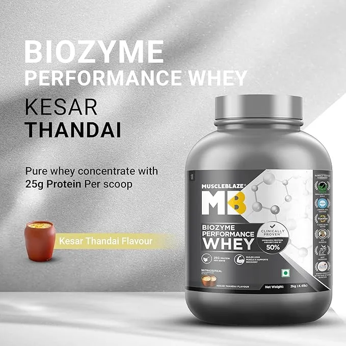 MuscleBlaze Biozyme Performance Whey Protein Kesar Thandai 2kg 55 Servings 25g Protein EAF