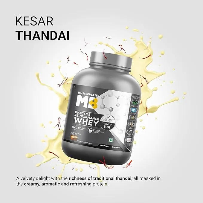 MuscleBlaze Biozyme Performance Whey Protein Kesar Thandai 2kg 55 Servings 25g Protein EAF
