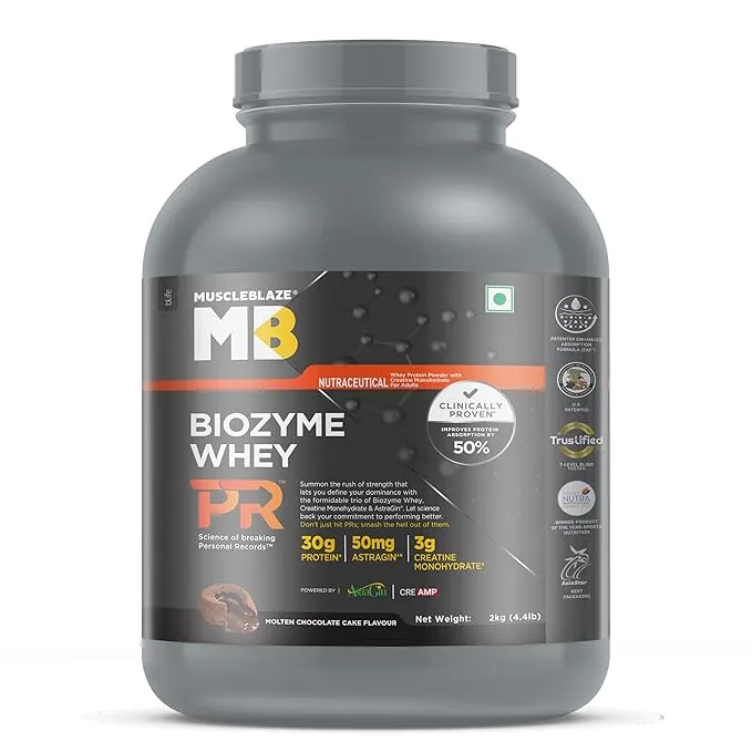 MuscleBlaze Biozyme Whey Protein PR Molten Chocolate Cake 4.4lb 30g Protein 3g Creatine AstraGin