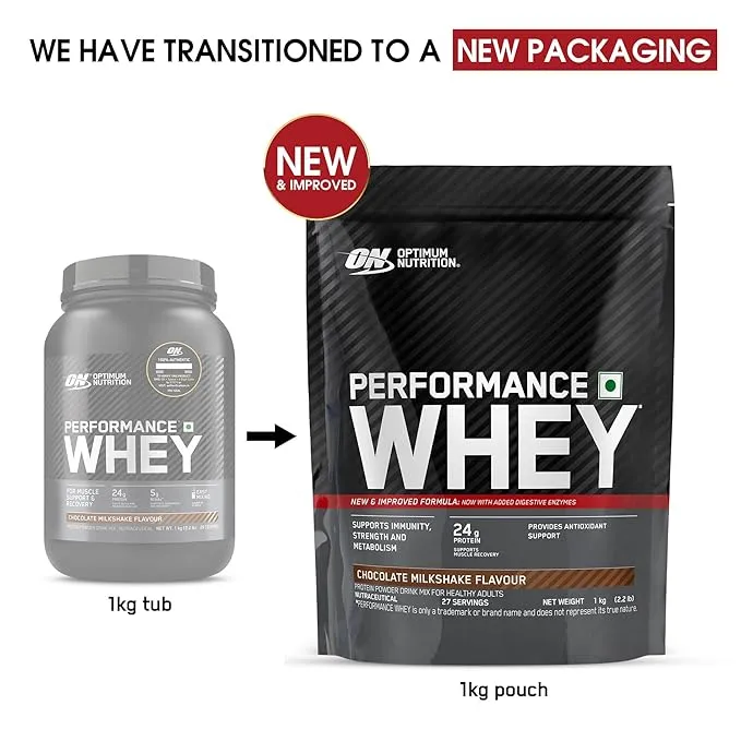 Optimum Nutrition ON Performance Whey Protein Chocolate Milkshake 1kg 24g Protein DigeZyme