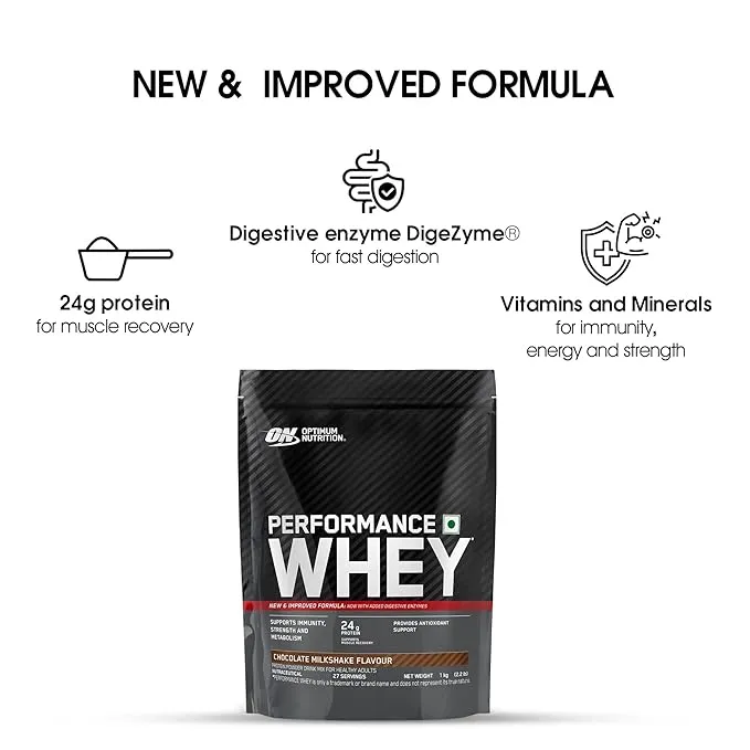 Optimum Nutrition ON Performance Whey Protein Chocolate Milkshake 1kg 24g Protein DigeZyme