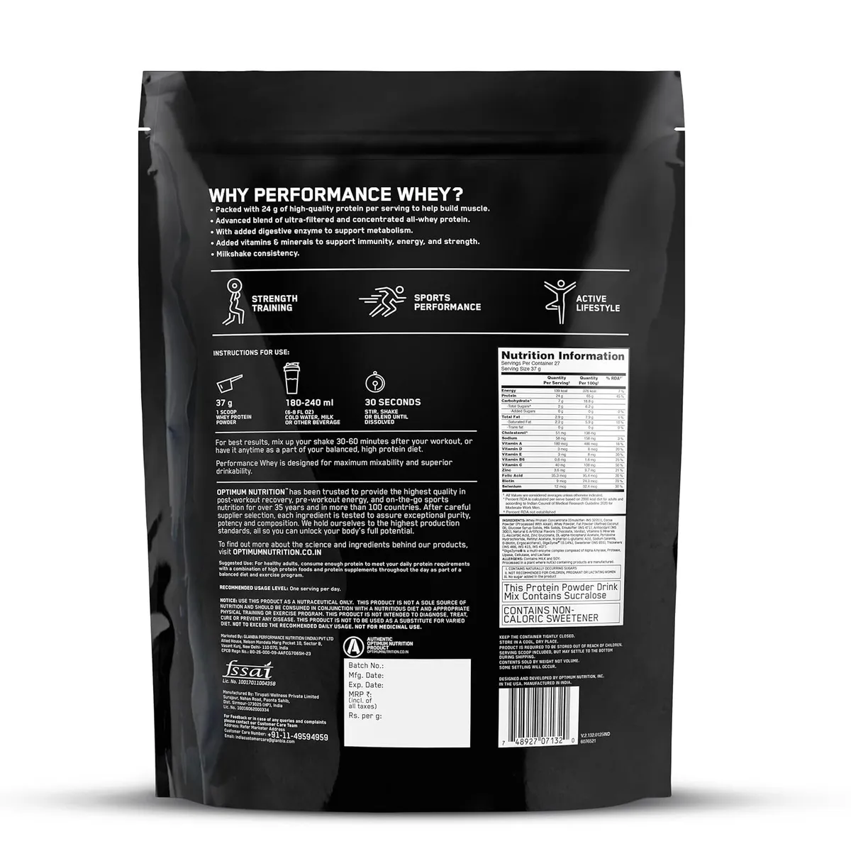 Optimum Nutrition ON Performance Whey Protein Chocolate Milkshake 1kg 24g Protein DigeZyme