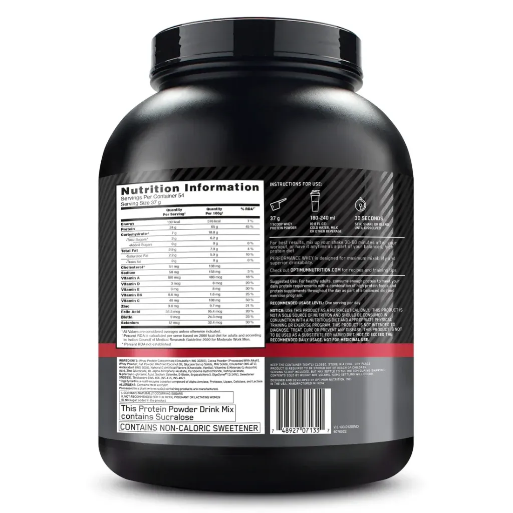 Optimum Nutrition ON Performance Whey Protein Chocolate 2kg 24g Protein 5g BCAA WPC WPI