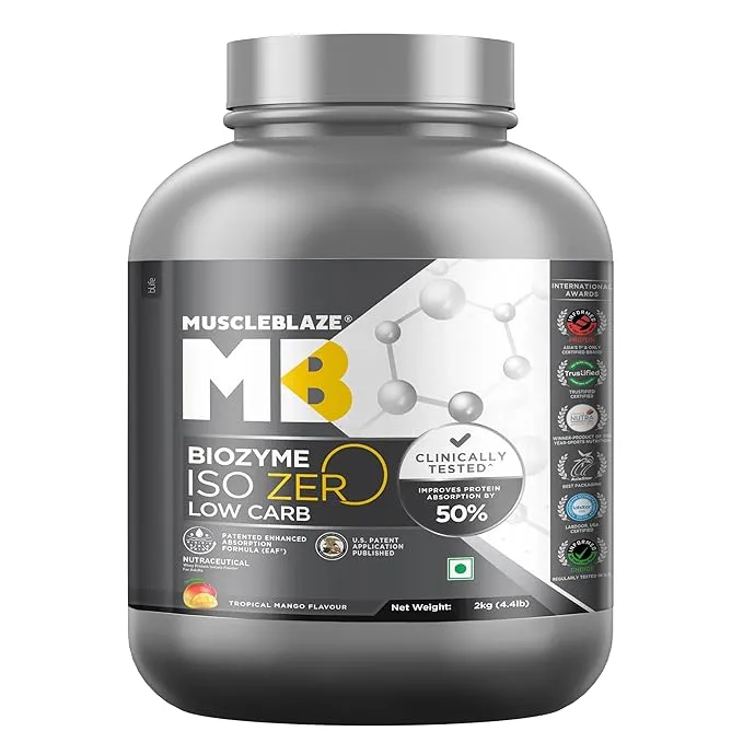 MuscleBlaze Biozyme ISO Zero 2 kg Tropical Mango 27g Whey Isolate EAF Low Carb