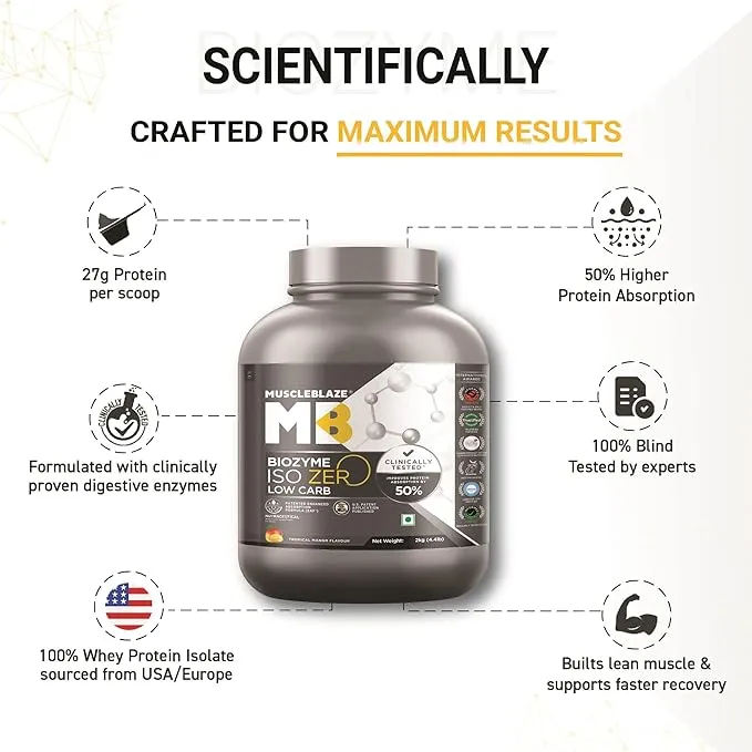 MuscleBlaze Biozyme ISO Zero 2 kg Tropical Mango 27g Whey Isolate EAF Low Carb