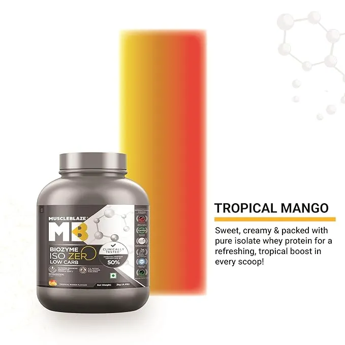 MuscleBlaze Biozyme ISO Zero 2 kg Tropical Mango 27g Whey Isolate EAF Low Carb
