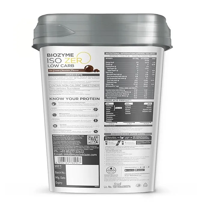 MuscleBlaze Biozyme ISO Zero 4 kg Ice Cream Chocolate 27g Whey Isolate EAF Low Carb