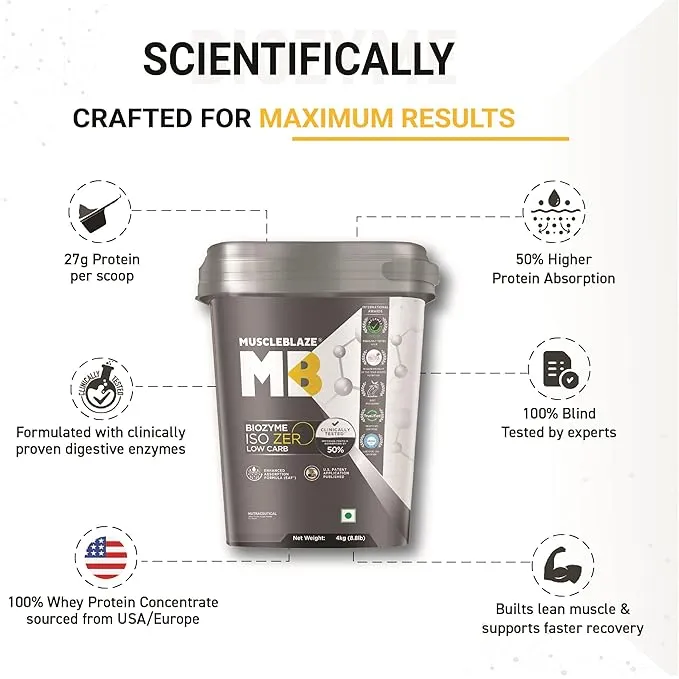 MuscleBlaze Biozyme ISO Zero 4 kg Ice Cream Chocolate 27g Whey Isolate EAF Low Carb