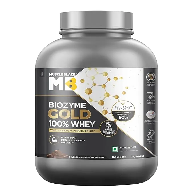 MuscleBlaze Biozyme Gold 100% Whey Protein Double Rich Chocolate 4.4lb 26g Protein BiomePro