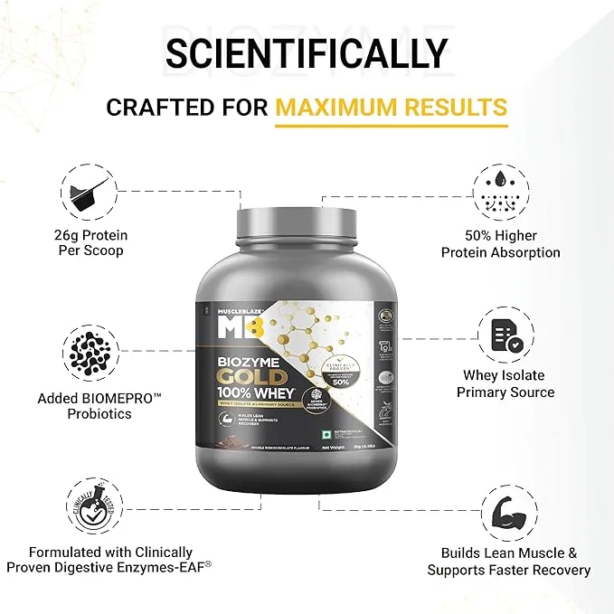 MuscleBlaze Biozyme Gold 100% Whey Protein Double Rich Chocolate 4.4lb 26g Protein BiomePro