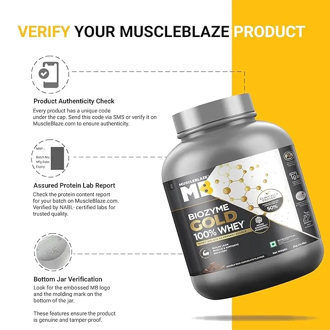 MuscleBlaze Biozyme Gold 100% Whey Protein Double Rich Chocolate 4.4lb 26g Protein BiomePro