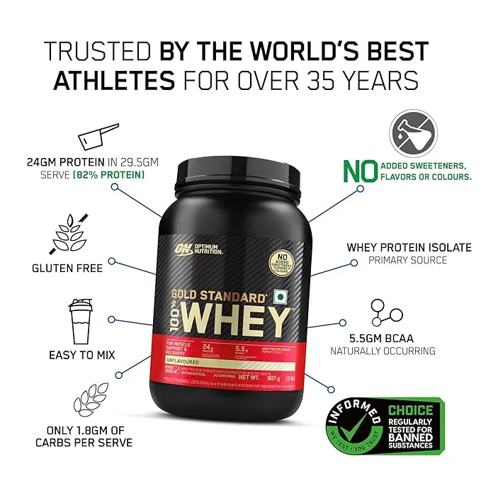 Optimum Nutrition Gold Standard 100% Whey Protein Unflavoured 2 lb 907g 29 Servings