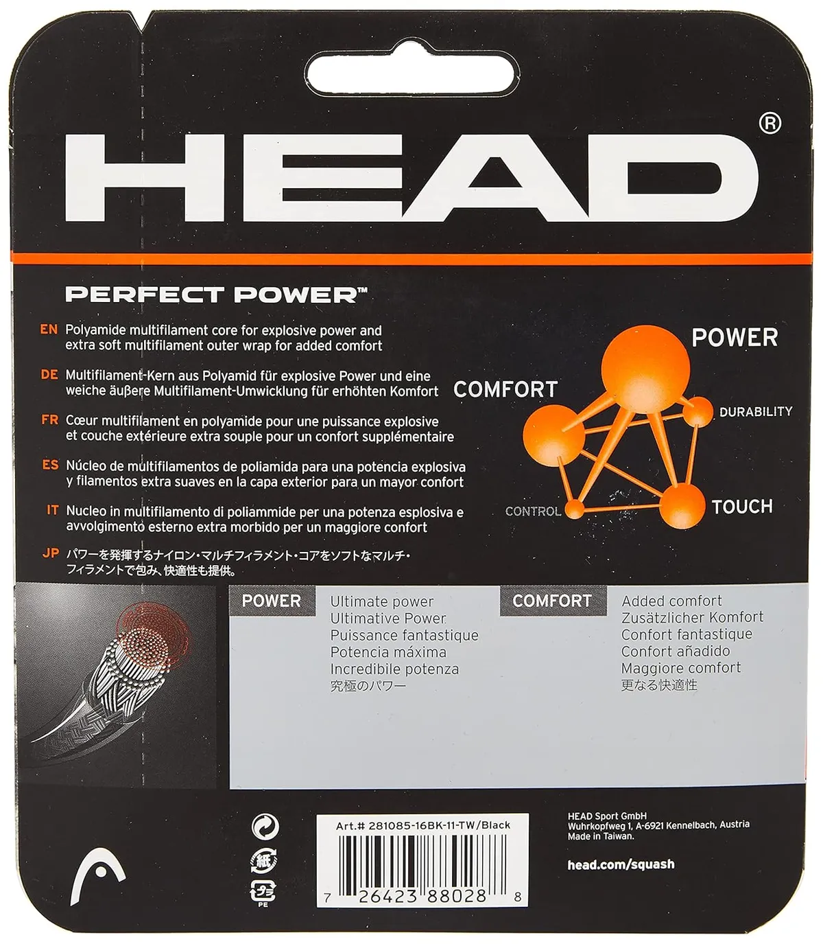 HEAD Perfect Power Squash String Set Black 16L Gauge 1.30mm