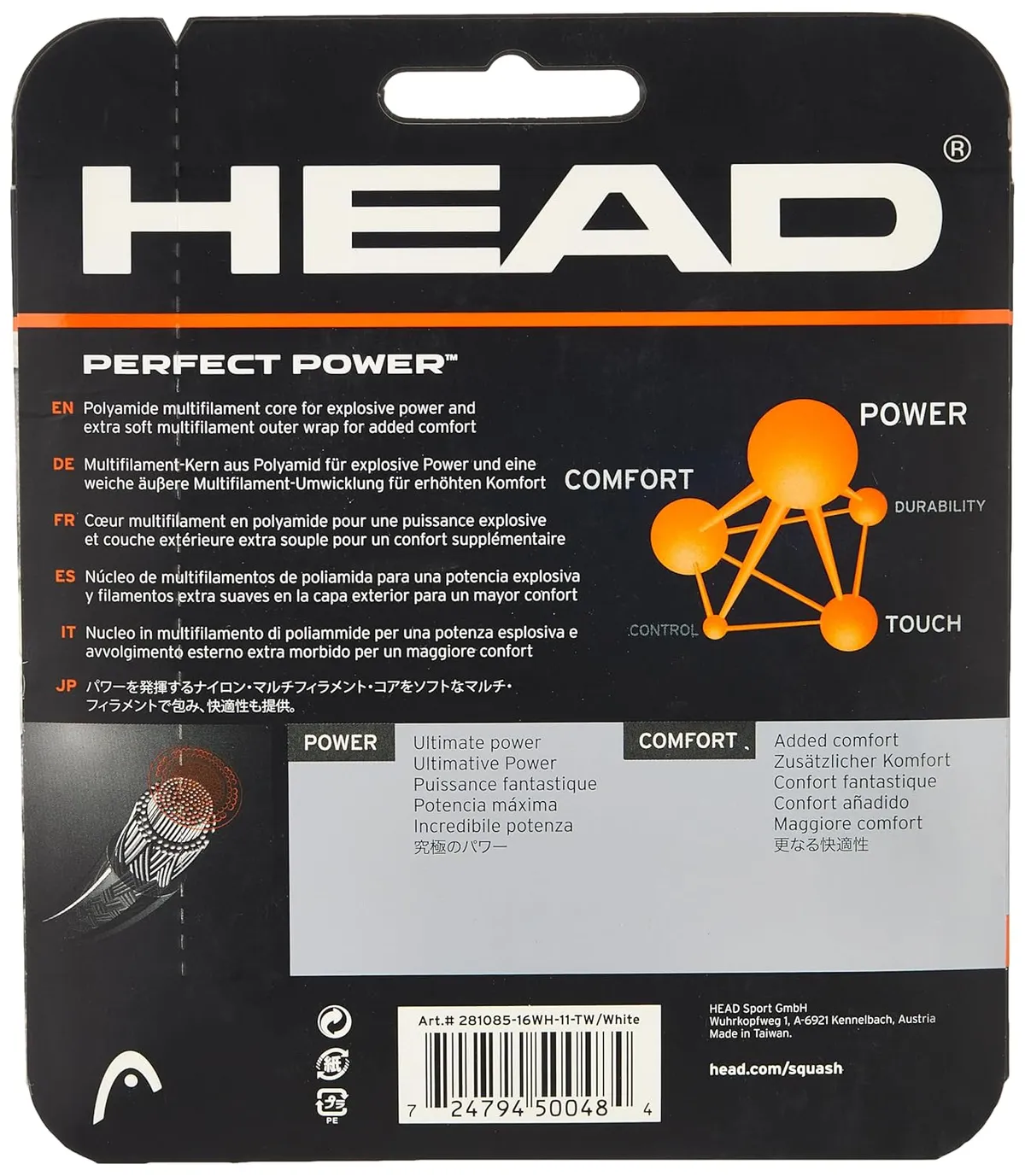 HEAD Perfect Power Squash String Set White 17L Gauge 1.25mm