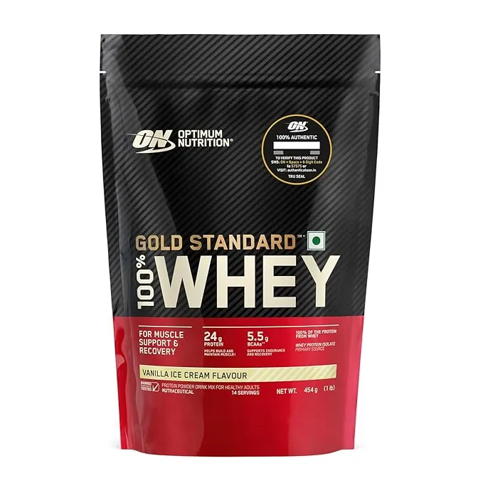 Optimum Nutrition Gold Standard 100% Whey Protein Vanilla Ice Cream 454 g (1 lb) ~14 Servings 24g Protein