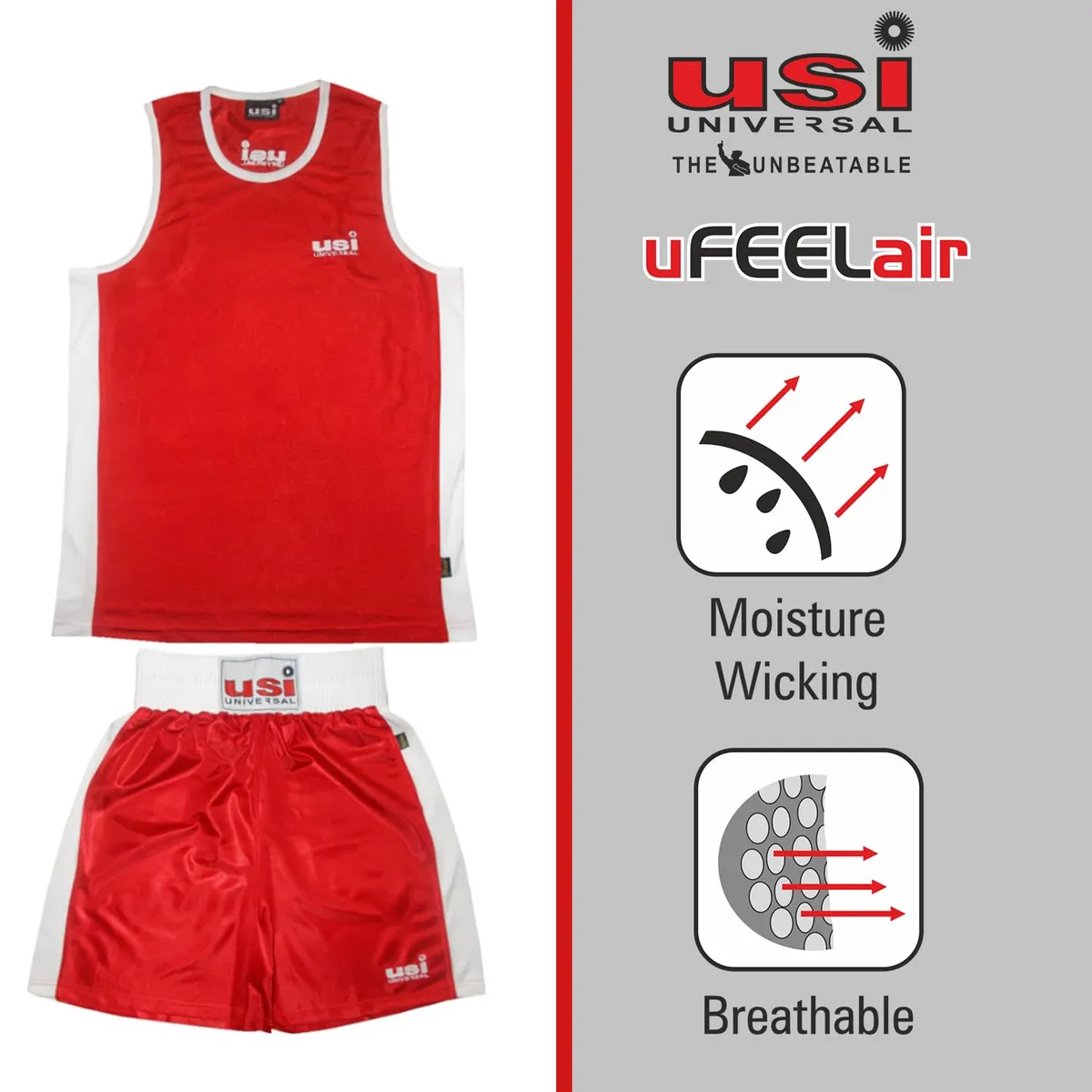 USI Universal 409SV Men's Boxing Shorts and Vest Set Red Waist 34 (S) Polyester Mesh
